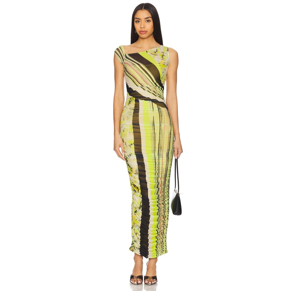 AFRM Biona Maxi Dress Wing Stripe Lime Green Ruched Mesh Asymmetrical Medium NWT